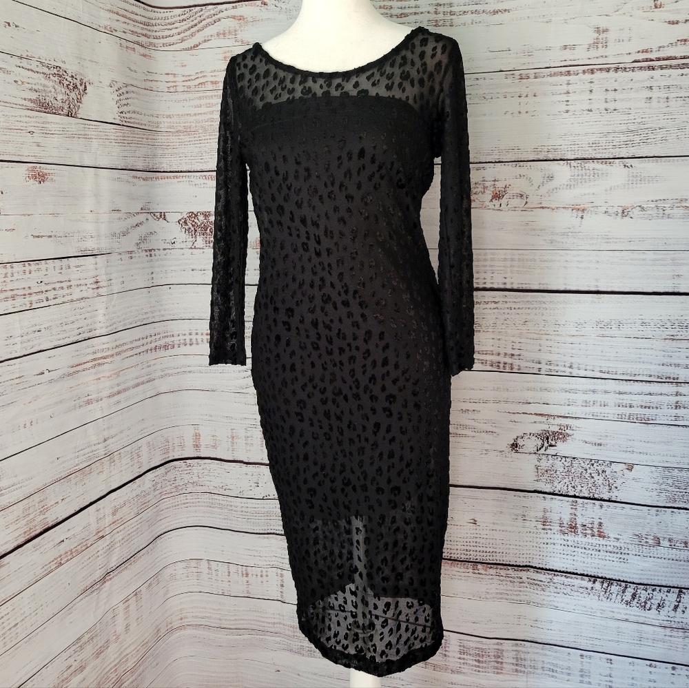 Vintage Black Leopard Velvet Burnout Sheer Overlay Bodycon Dress 8